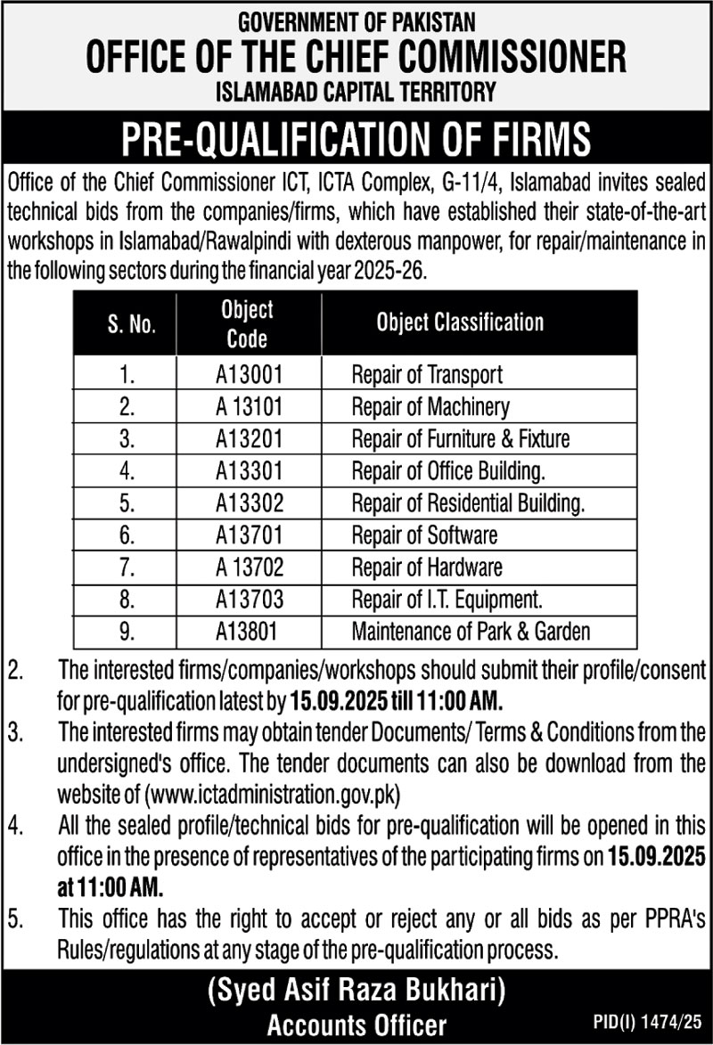 Islamabad Capital Authority Tender Notice